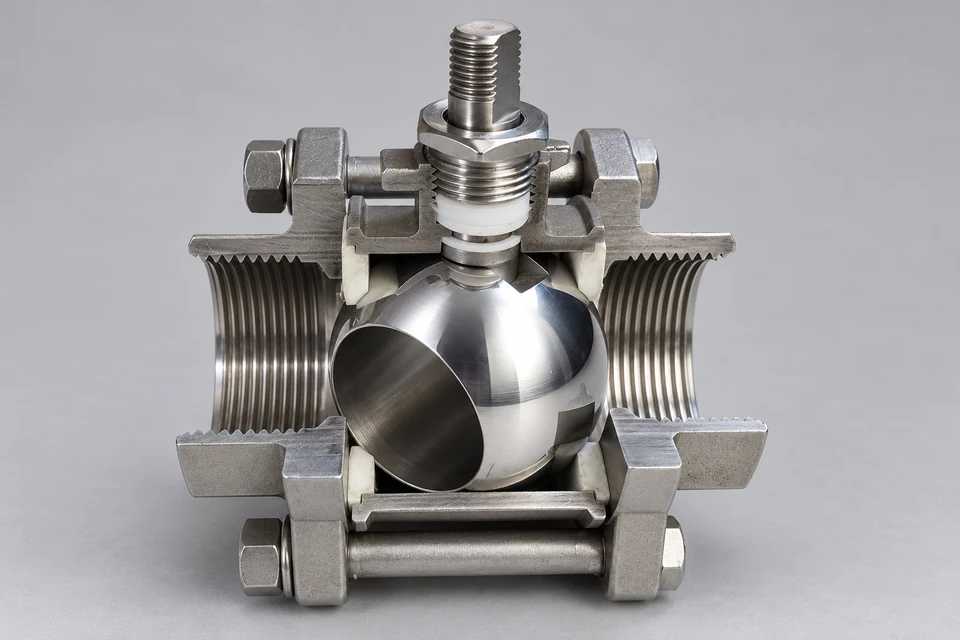 Studio-edited image of the ball-valve cutaway specimen on a neutral grey background
