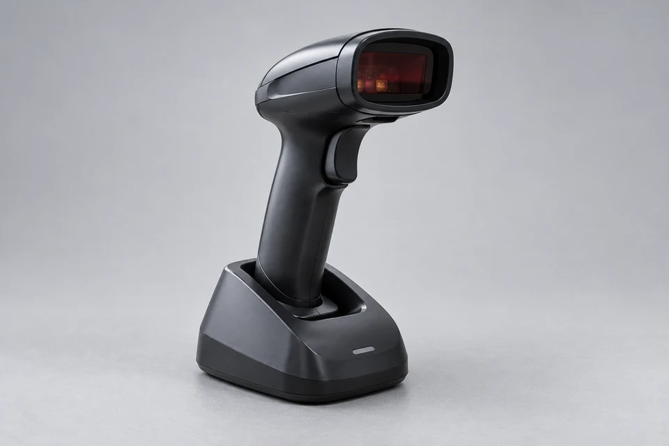 An unbranded handheld barcode scanner in its charging cradle on a neutral studio background.
