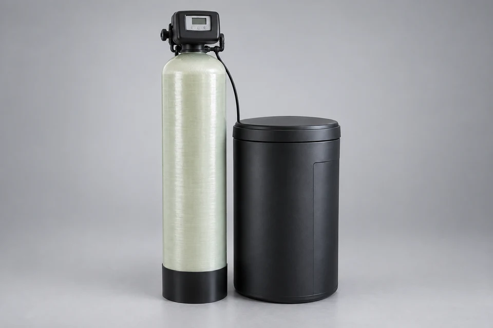 An unbranded ion-exchange water softener with resin vessel, top control head and brine tank on a neutral studio background.
