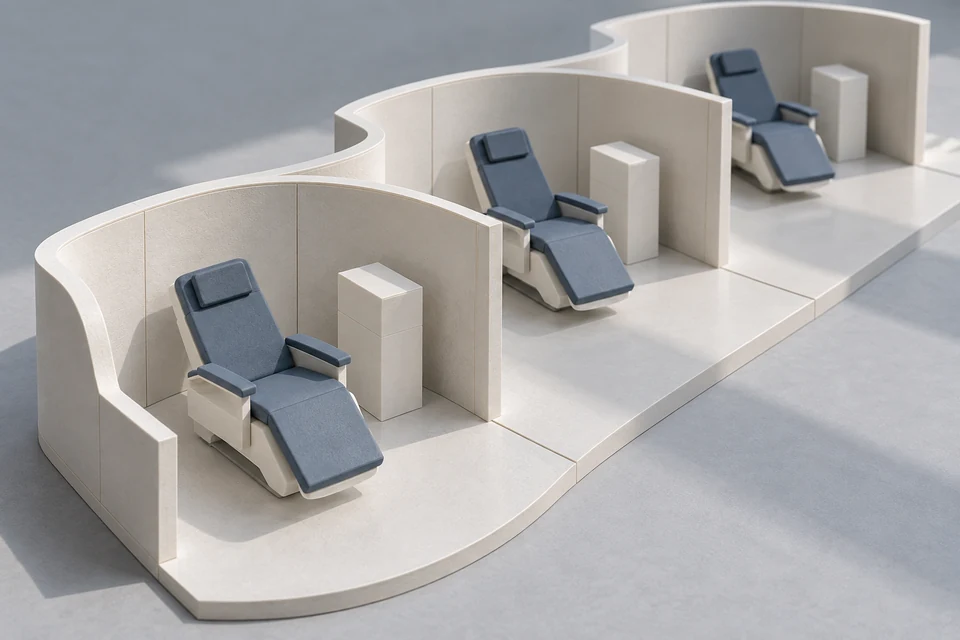 A treatment-space study model. Editorial illustration; not a clinical facility design.