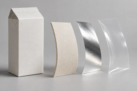 Carton and three conceptual material samples. Not a fixed layer count, thickness or shelf-life specification.
