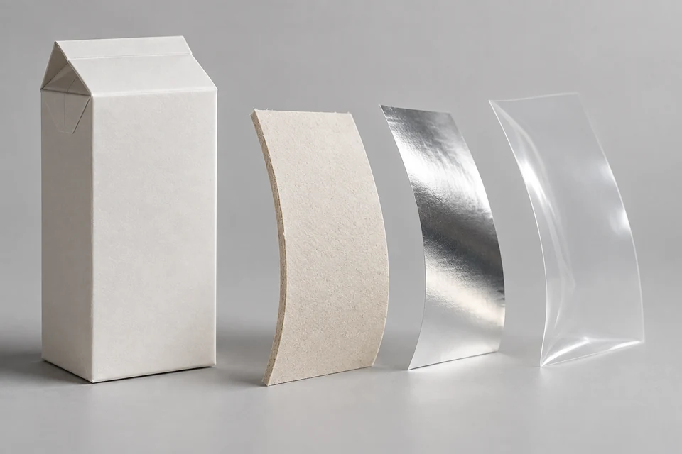 Carton and three conceptual material samples. Not a fixed layer count, thickness or shelf-life specification.