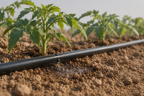 Dripline, crop and root-zone delivery. Editorial illustration; not a measured field layout.