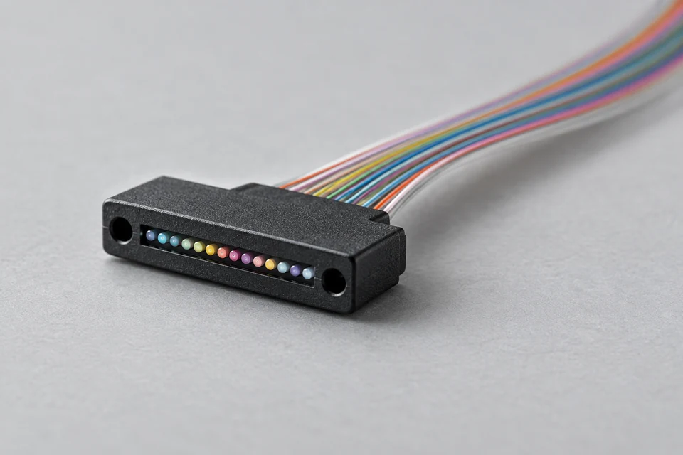 Conceptual multi-fibre ferrule and ribbon. Geometry and optical endpoints are simplified; not a connector specification.