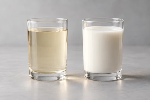 Two formulation contexts. Appearance is illustrative, not a measured beverage test.