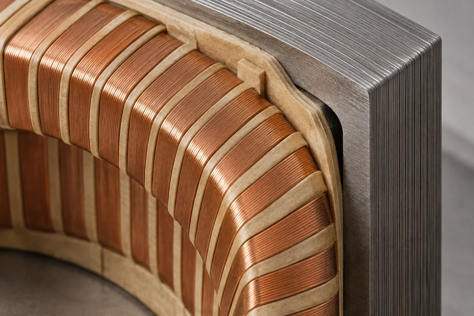 Copper windings and electrical insulation. Editorial illustration; not a transformer specification.