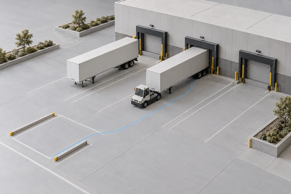 A freight-yard scale model. Editorial illustration; not a customer deployment.