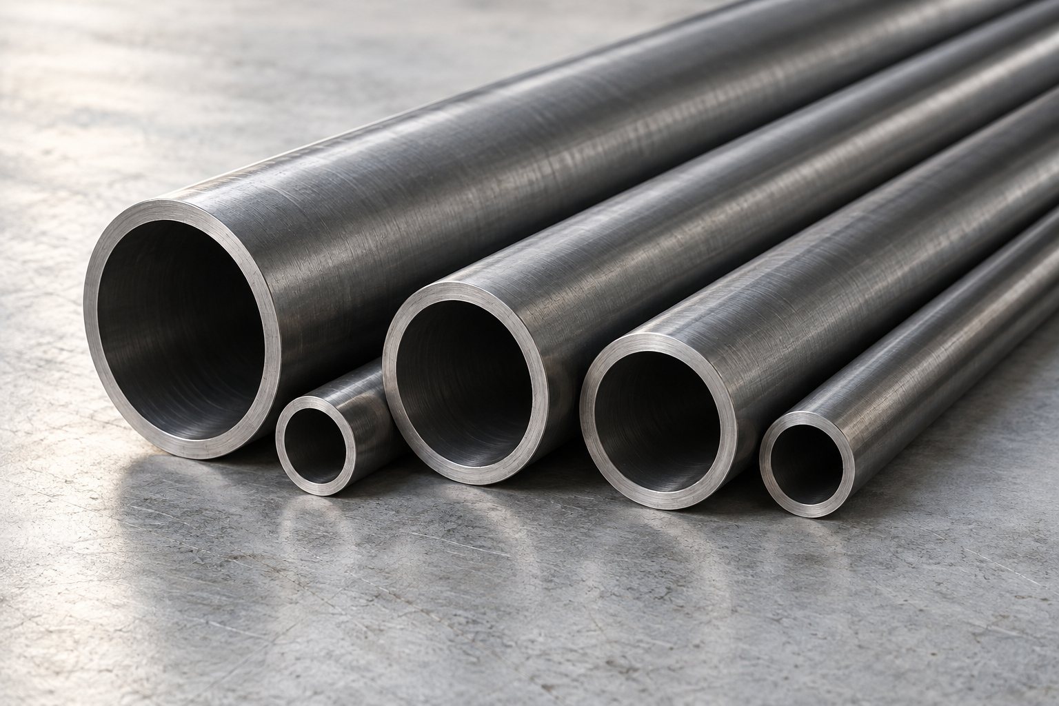 Smooth, open-ended precision steel tubes in a range of diameters, shown as an editorial illustration