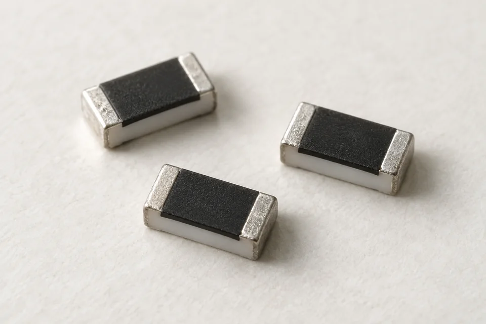 Representative two-terminal surface-mount resistor chips with ceramic bodies, protected top layers and metal end contacts