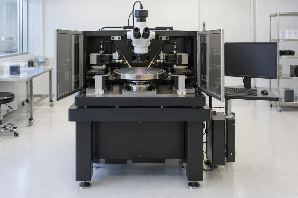 complete 12-inch semiconductor wafer probe station with microscope, wafer chuck and enclosed manipulators in clean laboratory