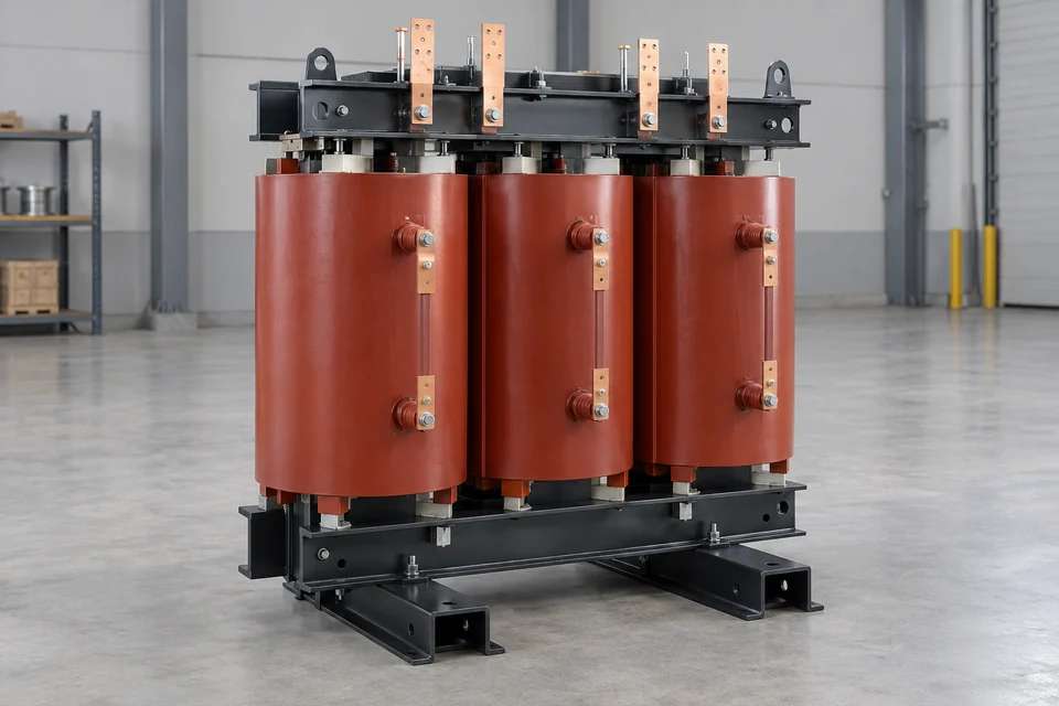 Three-phase cast-resin dry distribution transformer with three winding columns, clamping frame, terminals and mounting channels.