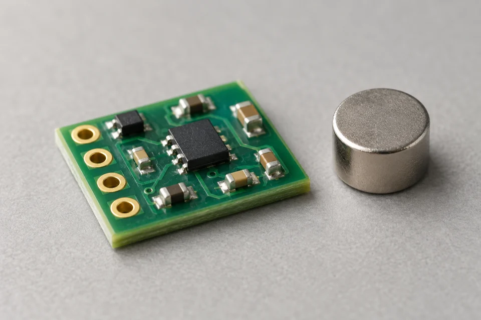 A tiny surface mount three-axis magnetic sensor package on a compact printed circuit board next to a small permanent magnet; no floating fields or magnetic diagrams.