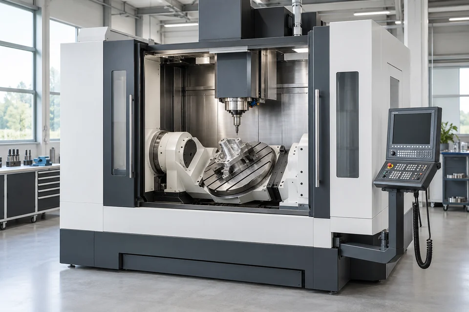five axis machining centre showing tilting rotary table and spindle in a bright machining workshop