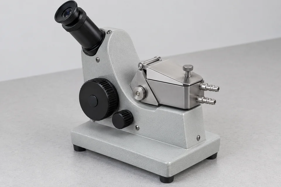Manual Abbe refractometer with prism assembly, viewing eyepiece and adjustment knobs