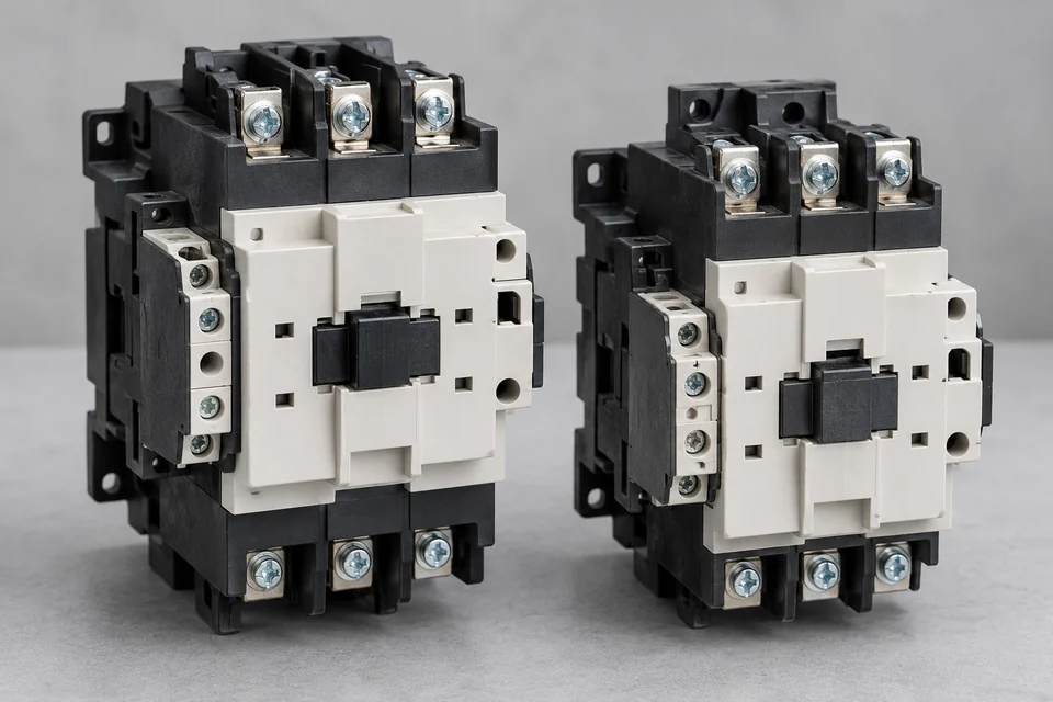 Two industrial AC contactors with insulated moulded bodies, multiple power terminal clamps and auxiliary contact blocks, unbranded control components.