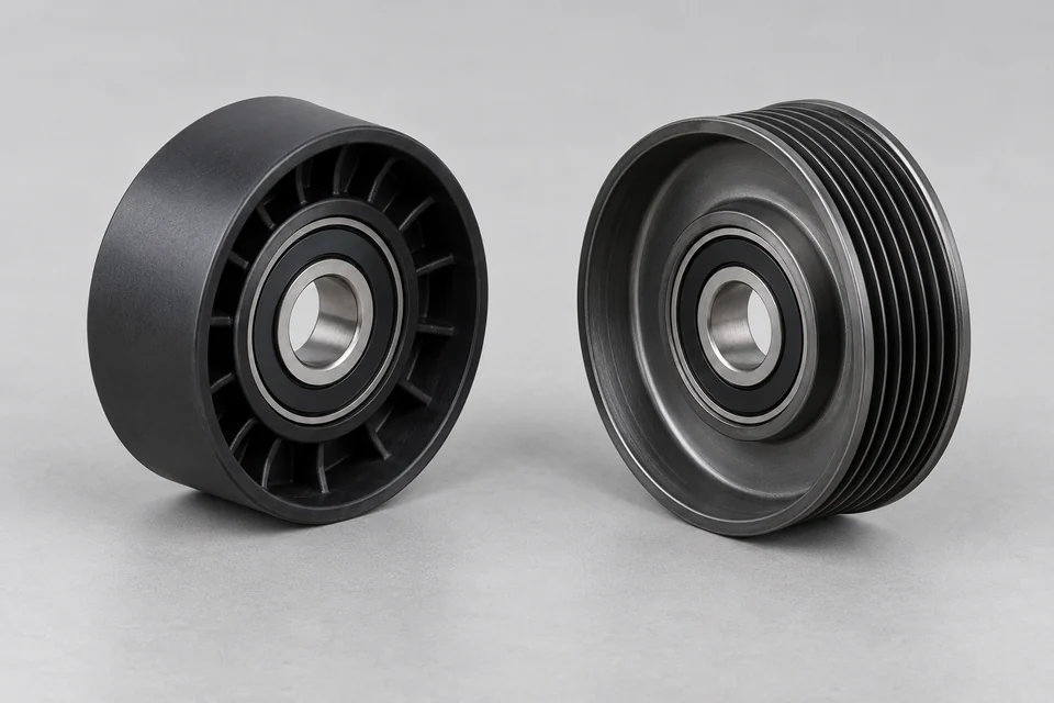 Smooth polymer and circumferentially ribbed steel accessory idler pulleys with sealed central bearings