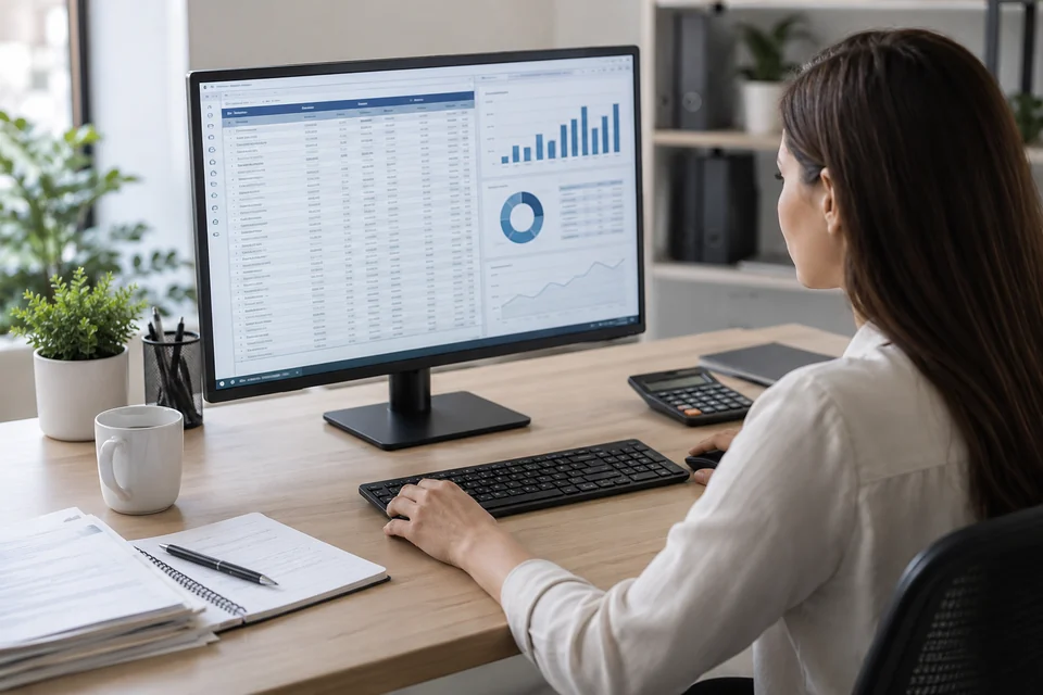 accounting software represented by accountant workstation with ledger table and financial overview screen, no legible values