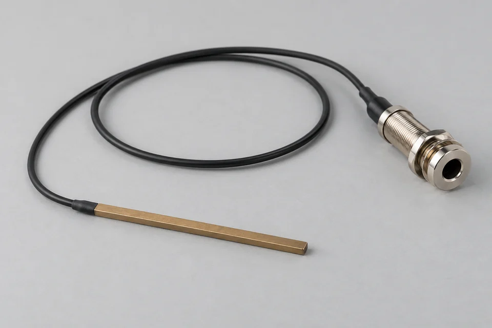 Slender acoustic undersaddle pickup with continuous lead to a threaded endpin output jack