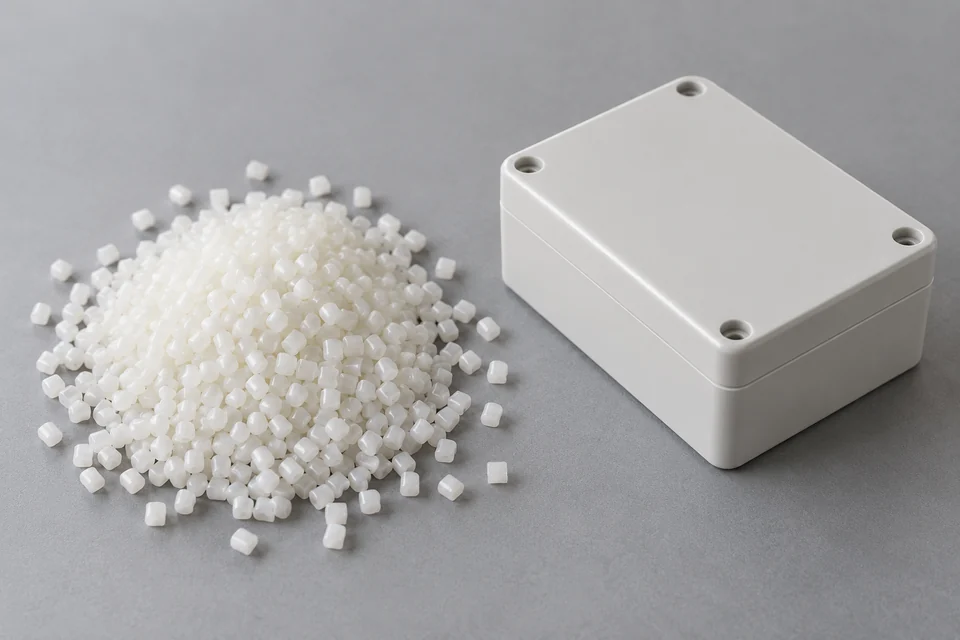 ABS plastic resin granules beside a small moulded enclosure