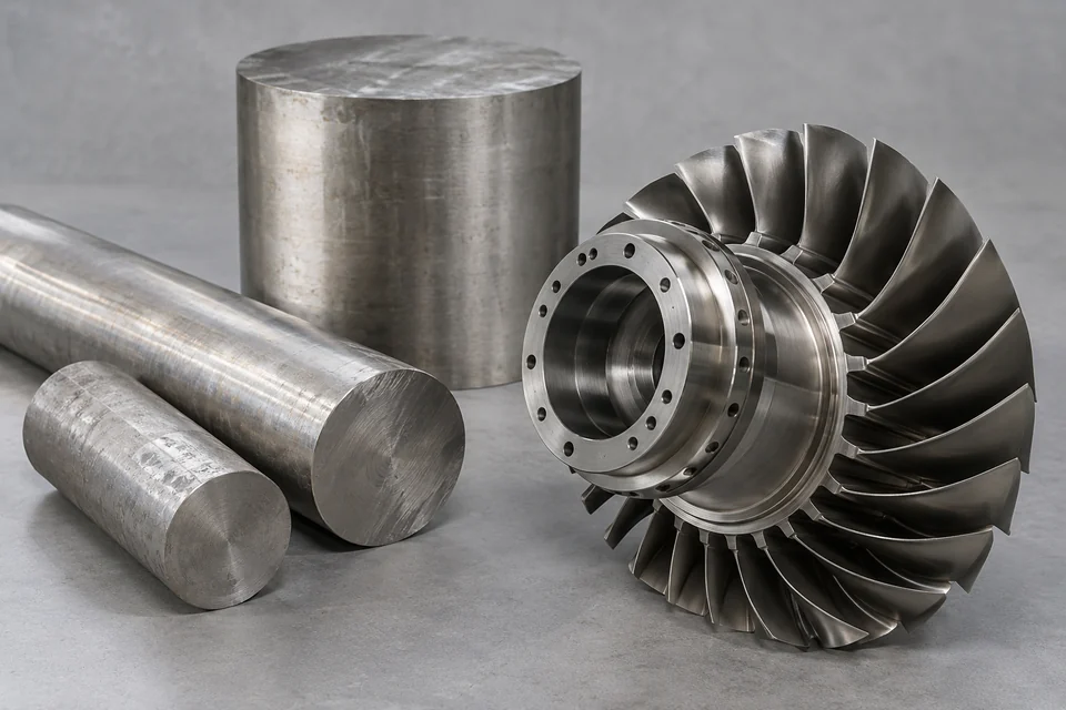nickel alloy aerospace metal billets and turbine-adjacent machined component, no cutaway