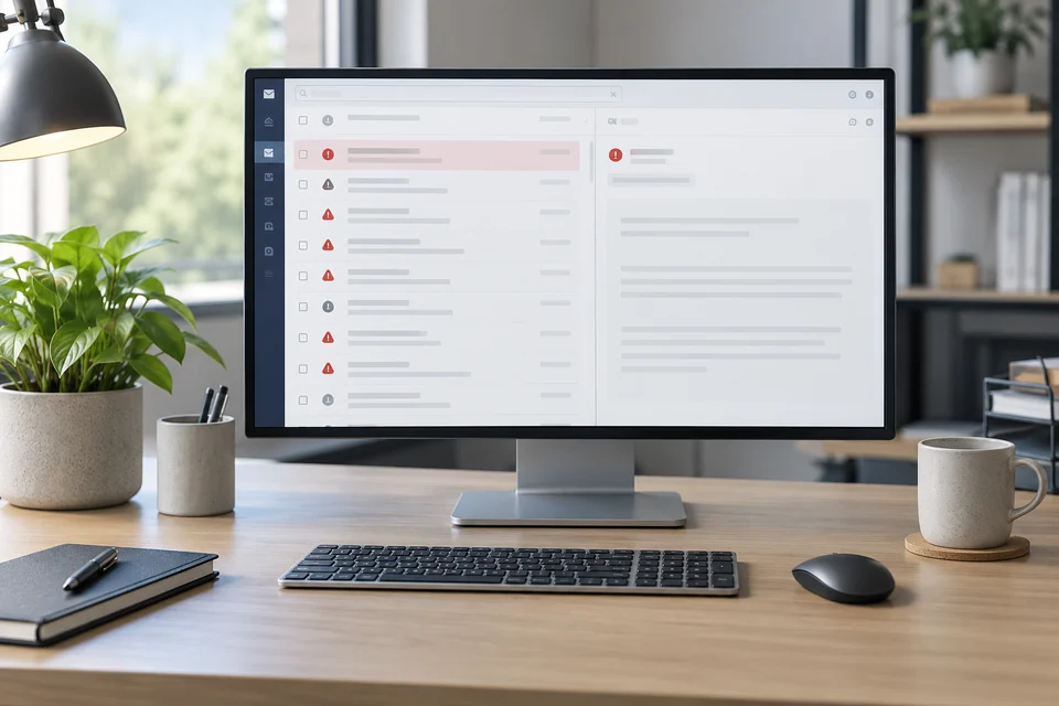 AI email security represented by workstation showing an email review interface with suspicious-message queue, no readable messages