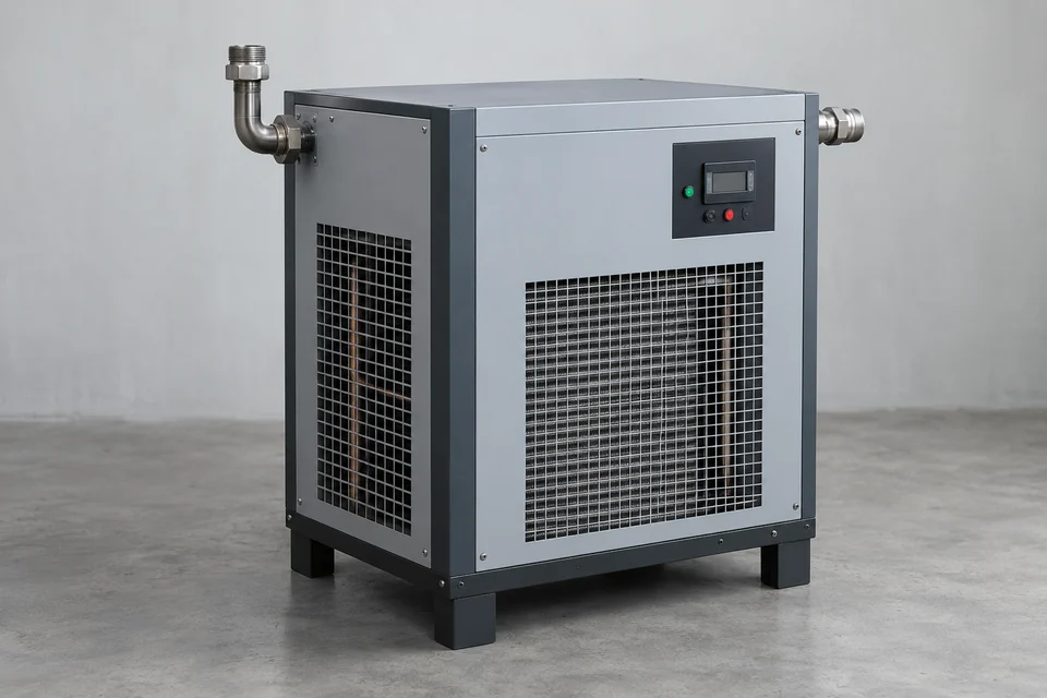 industrial compressed air dryer with cabinet housing and inlet and outlet connections