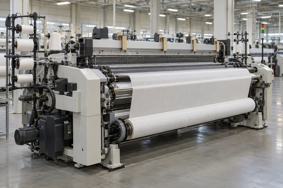 air jet weaving loom in textile production hall