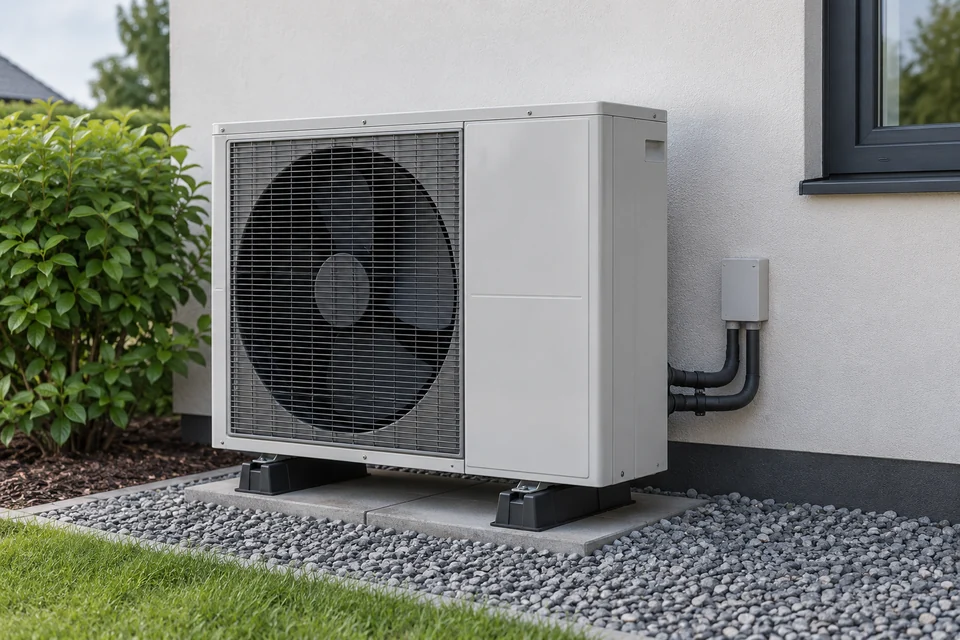 air source heat pump outdoor unit with fan grille beside residential wall