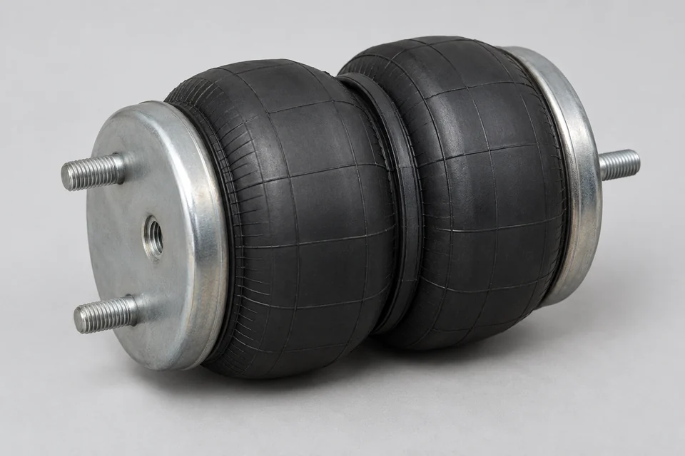 automotive air spring with rubber bellows and metal end plates