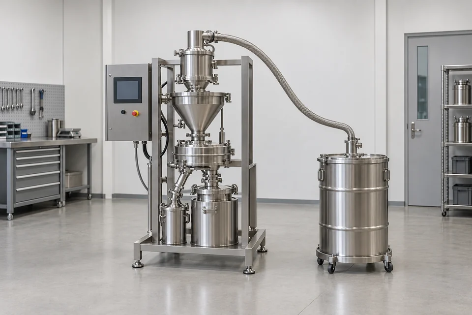 Contained additive-manufacturing powder recovery skid with receiver, screen and collection containers