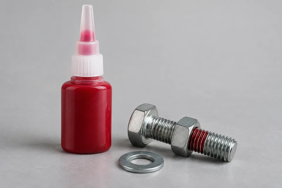anaerobic adhesive bottle beside threaded metal fastener assembly, no label