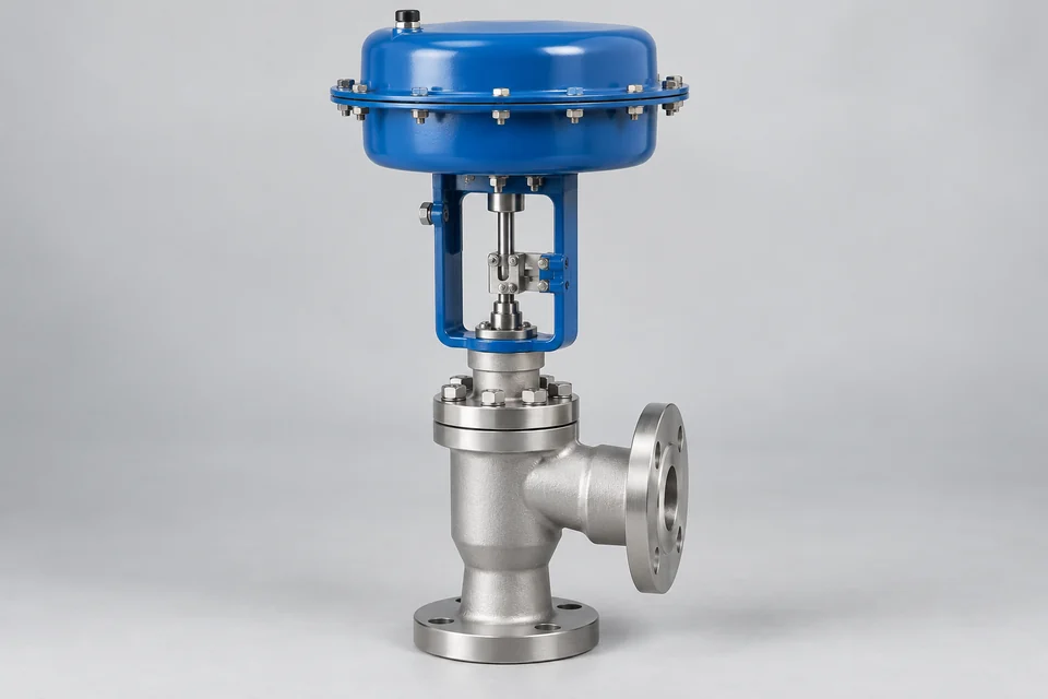 industrial angle control valve with perpendicular inlet and outlet and pneumatic diaphragm actuator