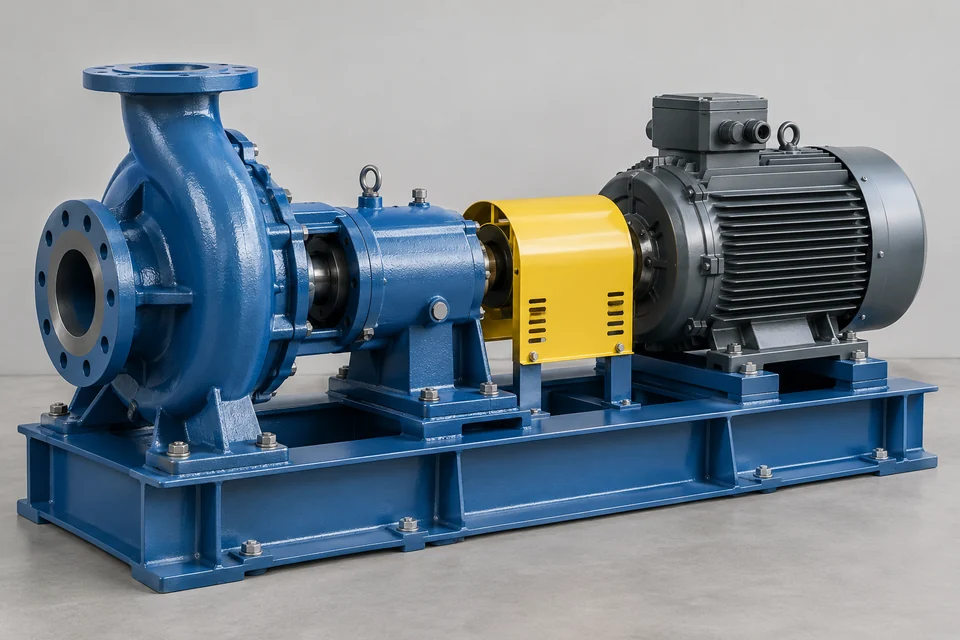 heavy duty horizontal end suction centrifugal pump on a robust steel skid with electric motor and separate bearing housing