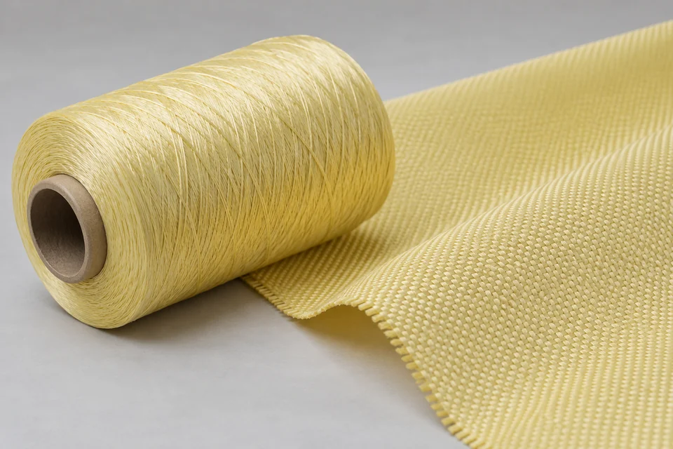 aramid fibre yarn spool and yellow woven fabric