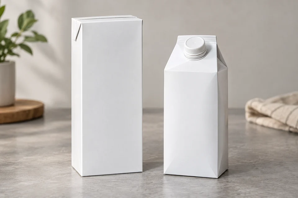 Unbranded aseptic beverage cartons in brick and shaped formats with folded seams and a screw cap on one carton, quiet studio product photo.