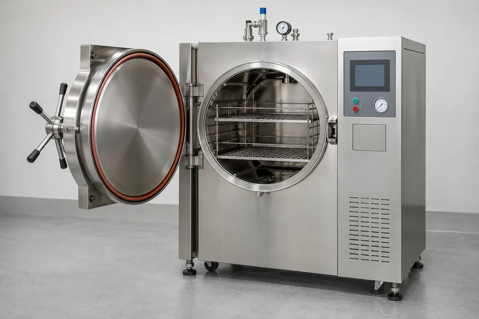 complete laboratory autoclave with pressure chamber door and control panel