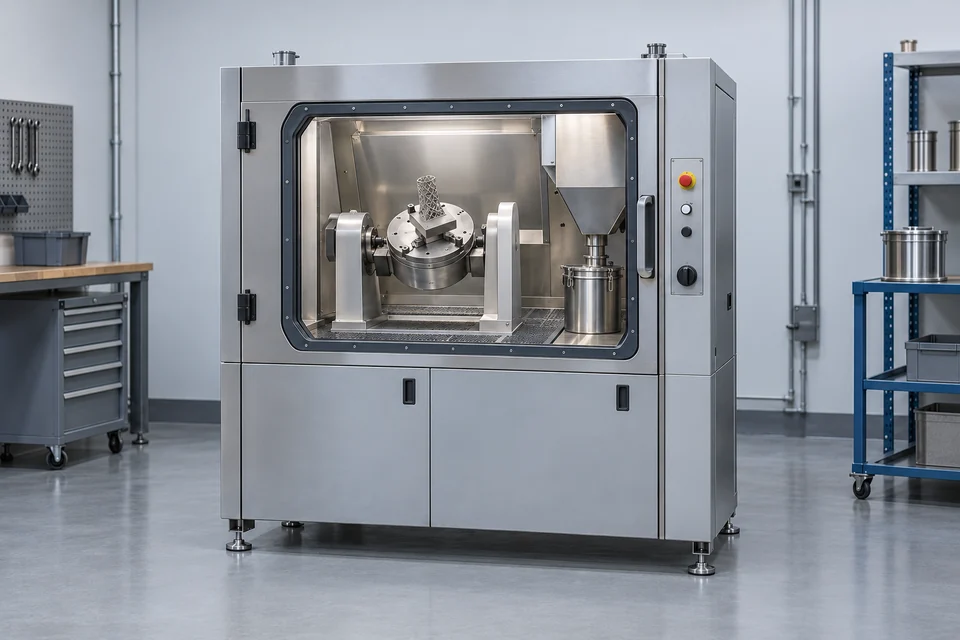 Enclosed metal-part depowdering cabinet with a clamped lattice part on a two-axis fixture