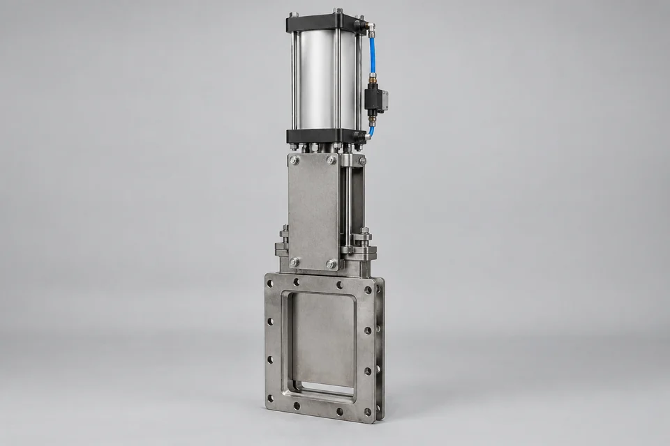 automated knife gate valve with metal rectangular body, rising blade and pneumatic cylinder