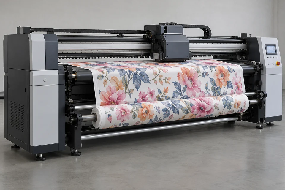 automatic textile printing machine with fabric roll and complete print carriage