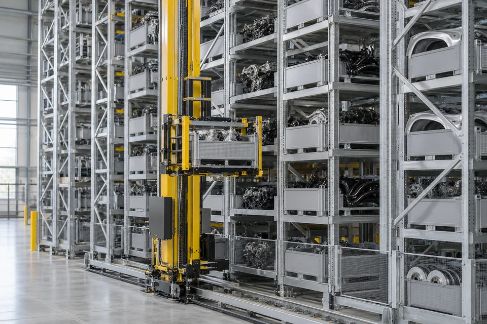 automated storage and retrieval rack with stacker crane carrying automotive parts containers
