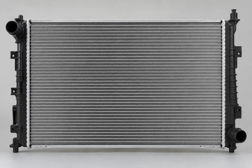 automotive radiator with fins, tanks and hose ports