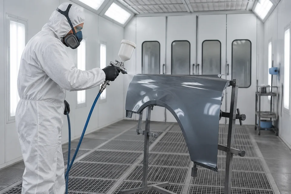 automotive refinishing spray booth with a painted car body panel and complete spray tool