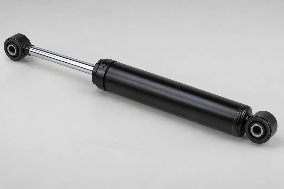 complete automotive shock absorber with rod and mounting eyes