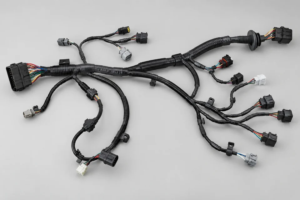 complete automotive wiring harness with branched wires and connector plugs