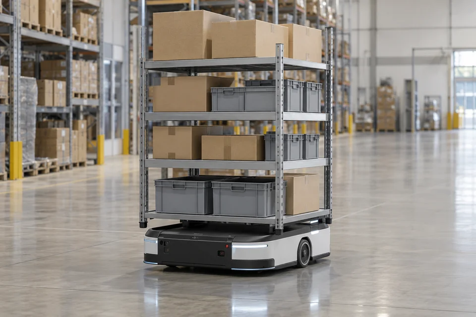 low profile autonomous mobile robot transporting a rack in a modern warehouse
