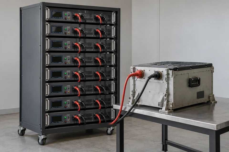 battery testing rack with individual channels and a representative aviation battery enclosure