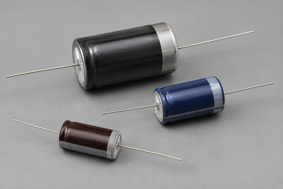 three axial aluminium electrolytic capacitors with cylindrical sleeves and one wire lead emerging from each end