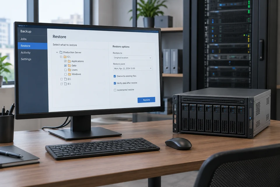 An IT workstation with monitor displaying a generic backup job and restore selection interface beside a small rack server, realistic application photograph, no diagram.