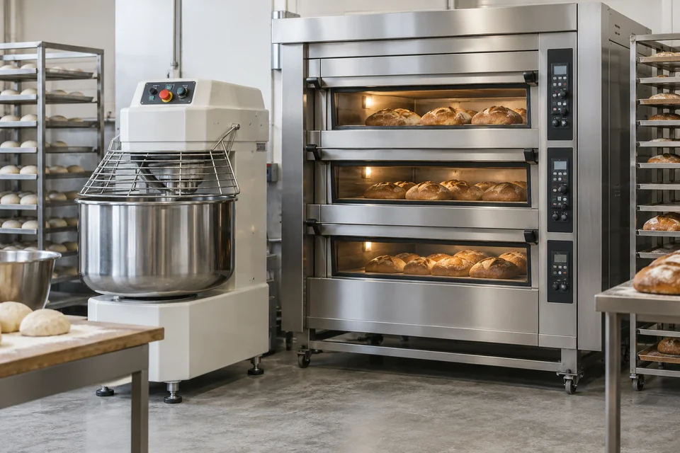 commercial bakery dough mixer and oven in production bakery