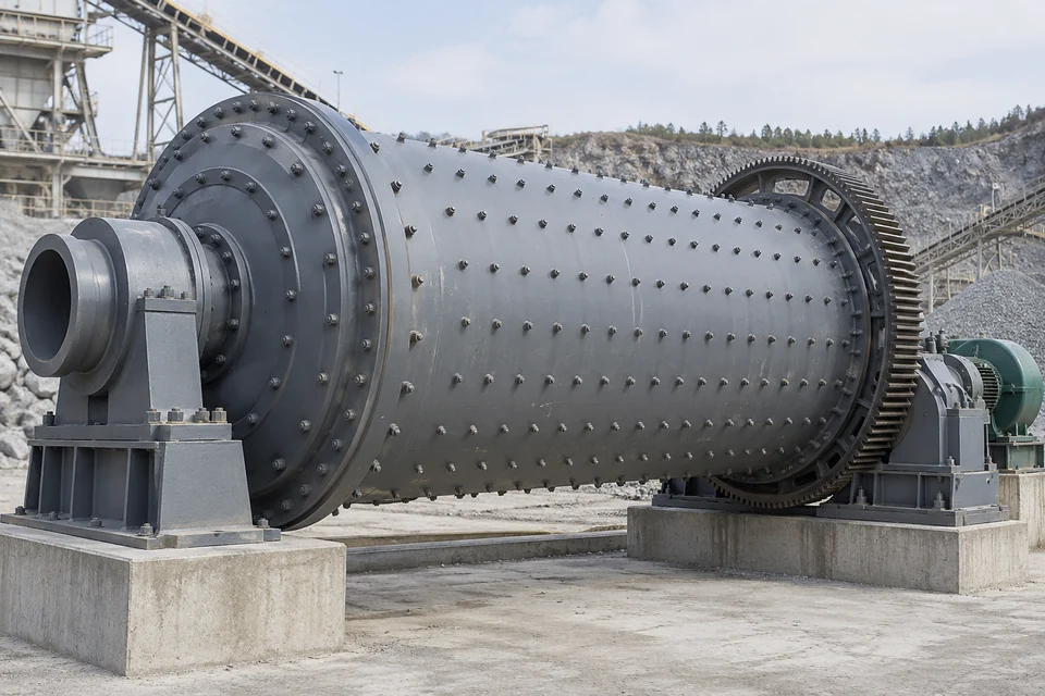 large horizontal mining ball mill with cylindrical rotating drum, heavy support bearings and drive gear